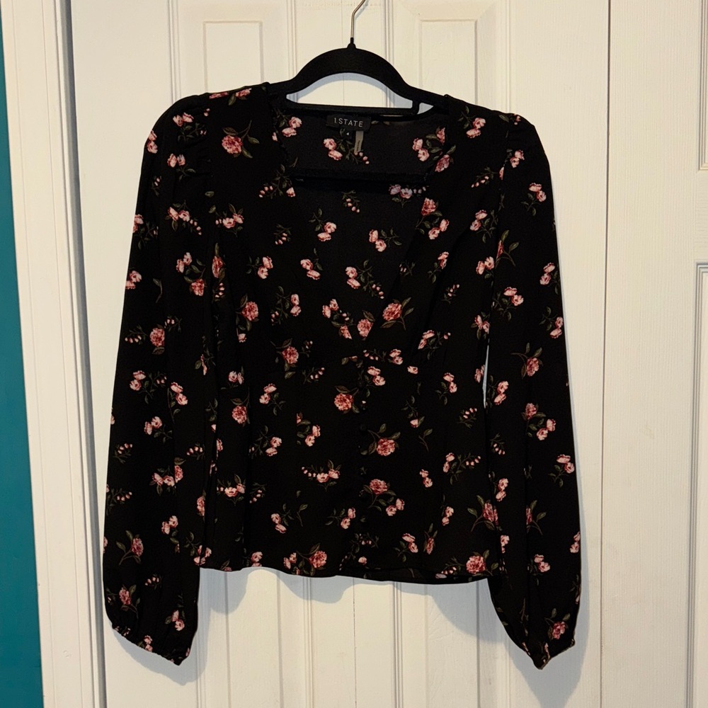 1. State Black Blouse with Rose Floral Design